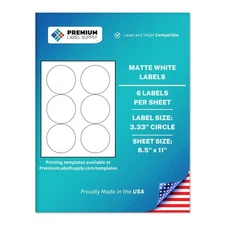 White Sticker Round Labels – 3.33" Circle – Laser/Inkjet Compatible – (6 per ...