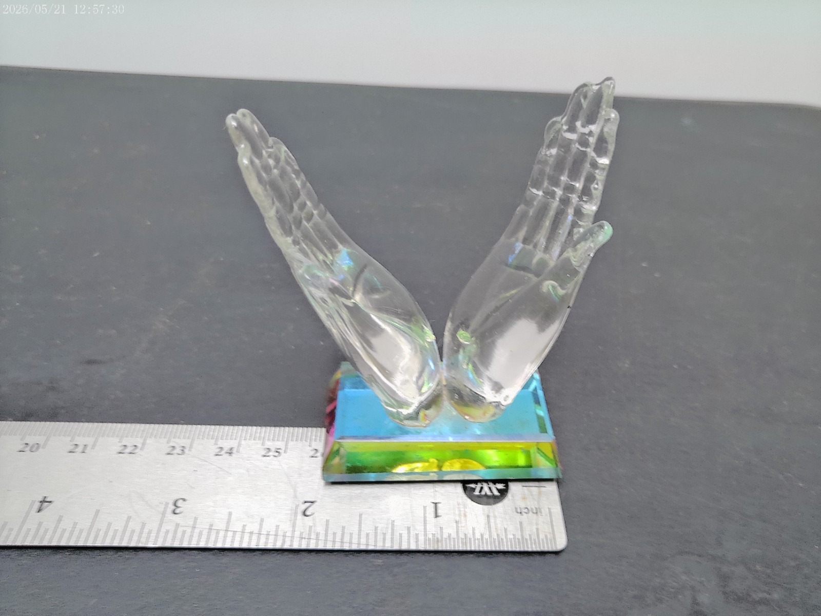 Clear Glass Open Praying Hands on Dichroic Prism Base Figurine Pre-owned image 3