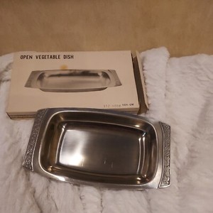 Rectangular Open Vegetable Floral Embossed Handles Silver Metal Stainless Japan 