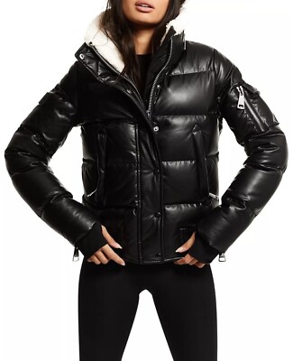 $595 Allegra Faux Leather Puffer Coat -Black White Size L~NWT - Main Image