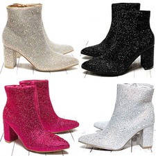 New Women Rhinestone Pointed Toe Chunky Heel Ankle Boots Booties