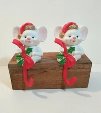 Lot of 2 Vintage Christmas Mice Stocking Hanger Holder From Shelf Mantle Mouse