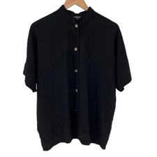 Citron Mandarin Collar Button Up Short Sleeve Shirt Women Medium Black Shimmer