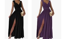 NWT $59 SIZE M PURPLE OR L BLACK Dress MAXI Wrap V-Neck Ruched CHIFFON