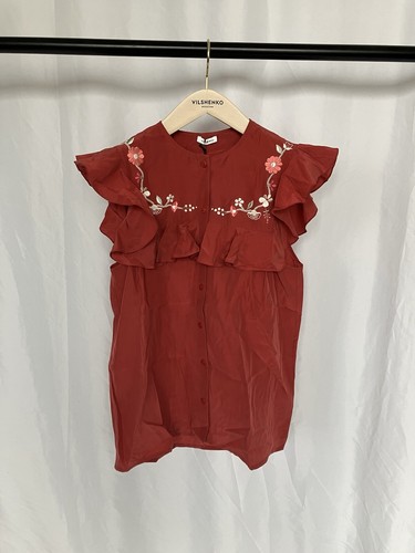Vilshenko RT18 Red Washed Silk Sleeveless Top with Floral Embroidery 8UK - Picture 1 of 8
