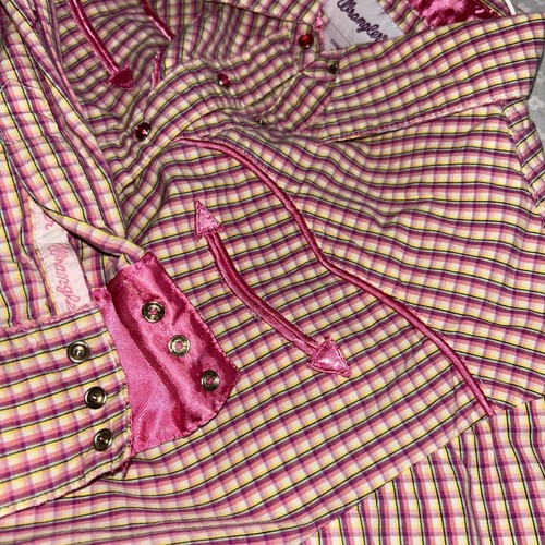 Wrangler Pink/ Lemon Check. Retro Theme, Satin Arrow Pockets Pearl Snaps Sz L - Picture 11 of 11