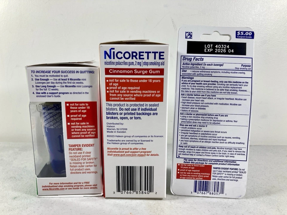 LOTE DE 2 chicles y pastillas Nicorette nicotina canela 2 mg 100 quilates y menta 4 mg 81 quilates NUEVO Foto 3 de 4