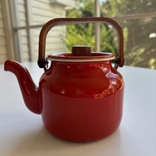 Vintage MCM Enamel Tea Kettle Teapot W/ Lid Wood Handle EnamelWare Rust Color