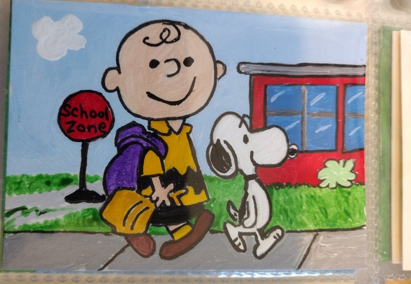 3.5"X2.5" Artist Trading Card Charlie Brown To School HAND PAINTED ACRYLIC 