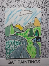 GAT Original Painting Abstract Landscape Impressionist Mountains 3.5X2.5 ACEO 