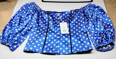 Caroline Constas Blue/White Belen Silk Top Polka Dot Sz. Large. Brand New