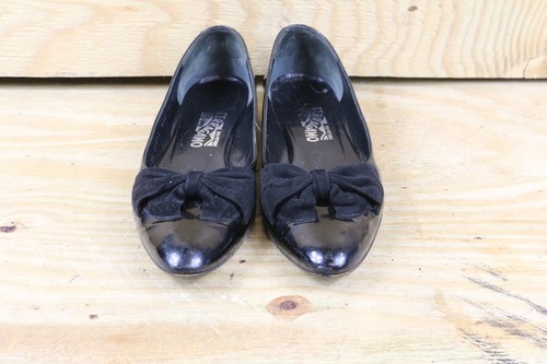 Salvatore Ferragamo Flats Black Suede 9.5 B Patent Leather Bow Slip On Shoes - Picture 2 of 9