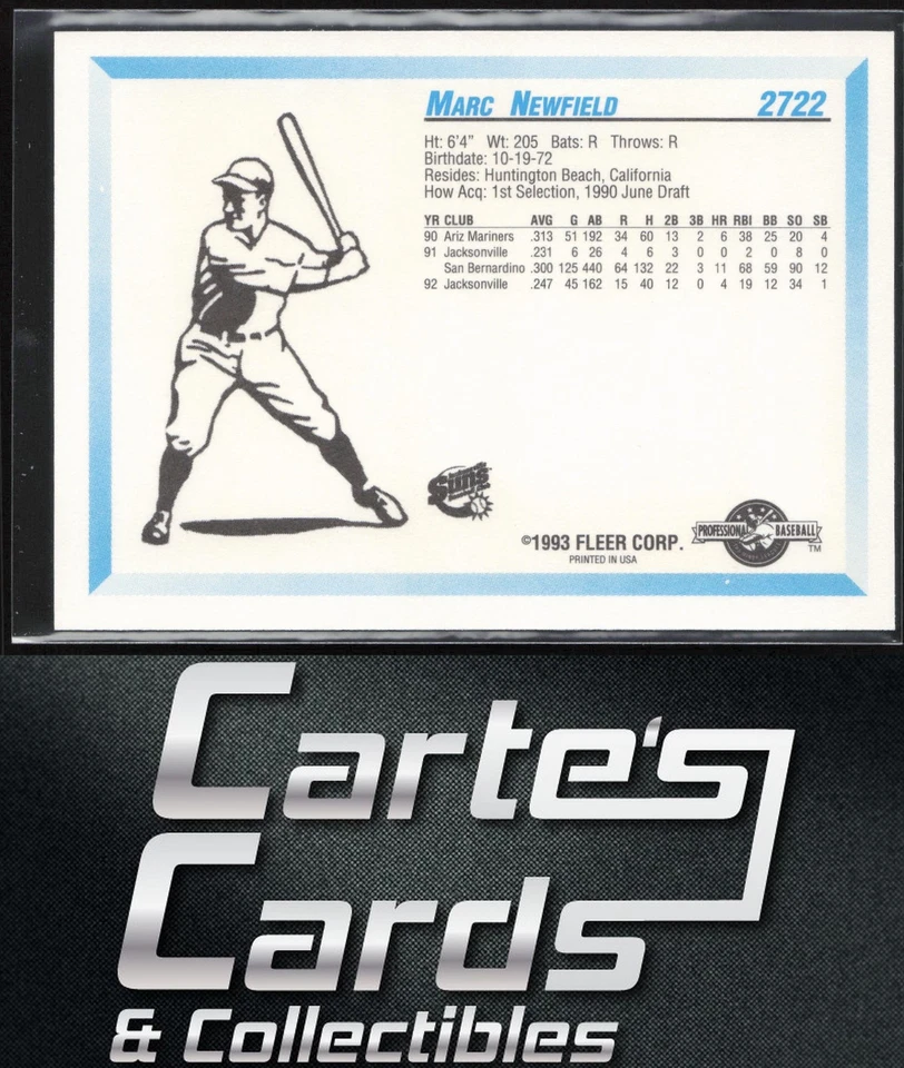 Marc Newfield 1993 Fleer ProCards #2722 Jacksonville Suns - Image 2 of 2