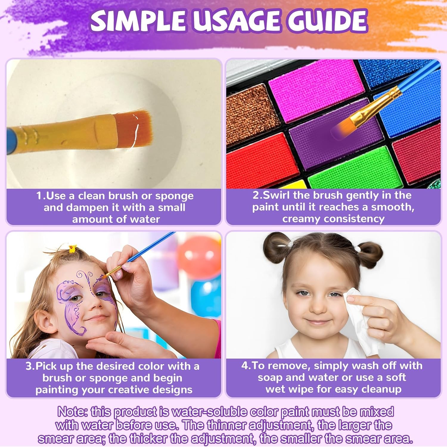 42 Color Water Activated Face Paint Kit with Stencils, Gems, Brushes for Kids