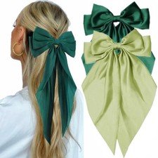2 PCS Green Bow Hair Clips Women Satin Big Bows Girls Long Tail Large Coquette