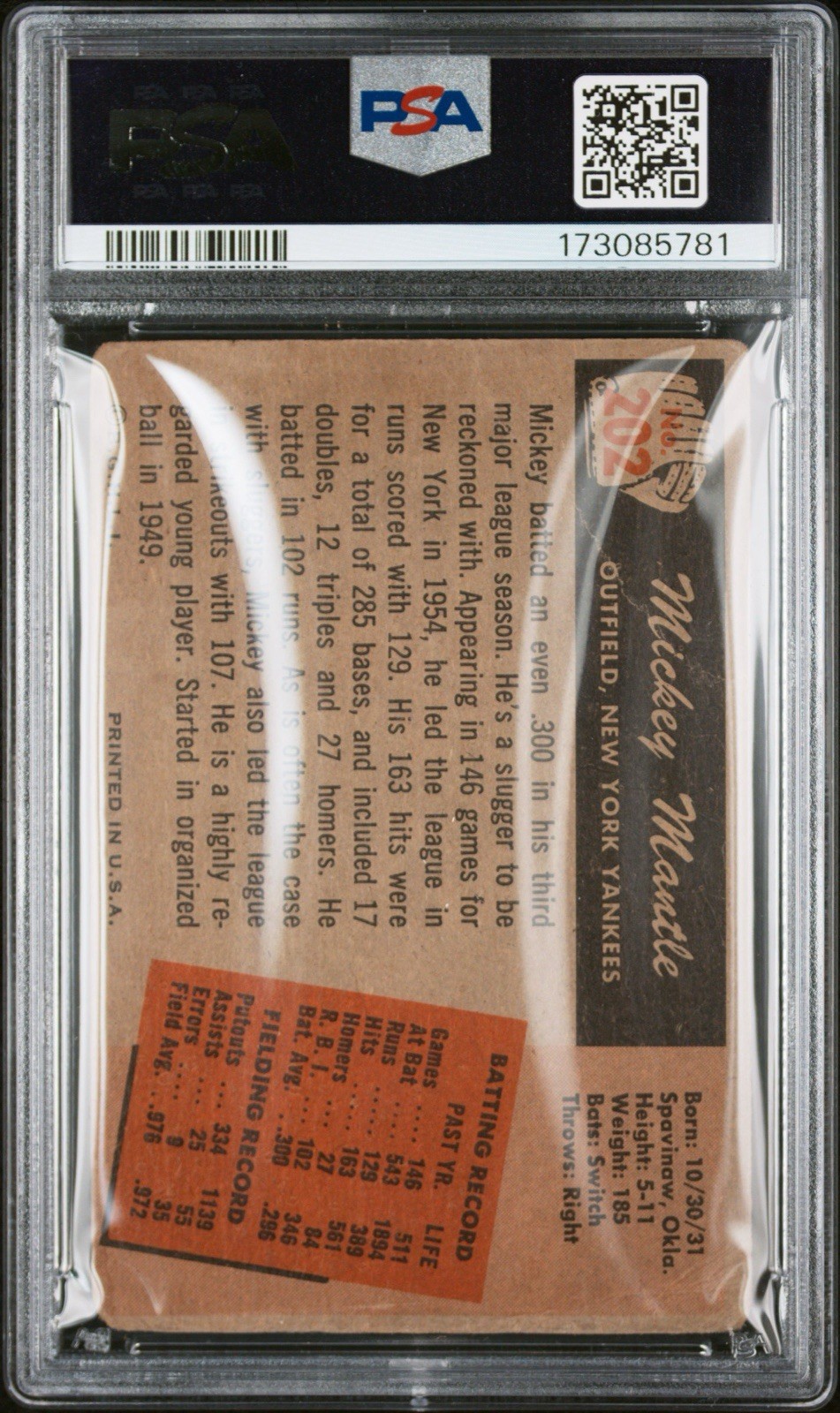 1955 Bowman #202 Mickey Mantle New York Yankees HOF PSA 1 view 2