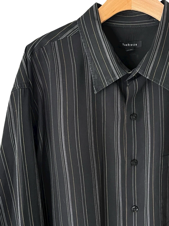 Van Heusen Button Down Shirt Mens Size 2X Black Striped Long Sleeve Collared - Image 2 of 4