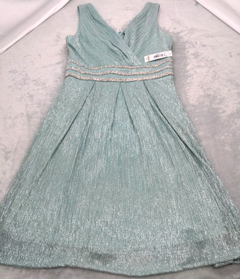 NWT R & M Richards Sleeveless V-Neck Dress Sz 6 Rhinestone Shimmer Seafoam Green