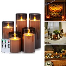 Homemory Gray Flameless LED Pillar Candles Remote Control Timer Set of 5