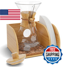 HEXNUB Pour Over Coffee Maker Caddy & Lid, Bamboo Stand for Chemex, Bodum