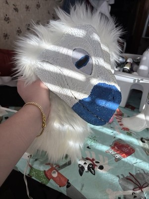 White and Blue Faux Fur Animal Full Mask, Hand Painted, Adult Unisex, One Size