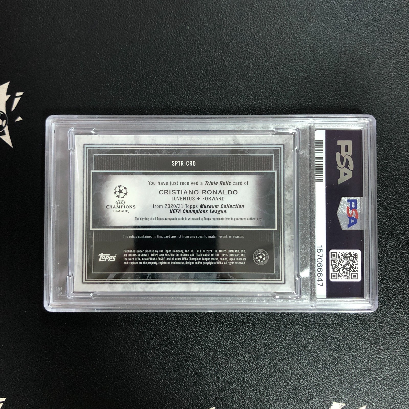 2020-21 Topps Museum Collection UEFA Triple Relic Auto Cristiano Ronaldo /35 PSA view 2