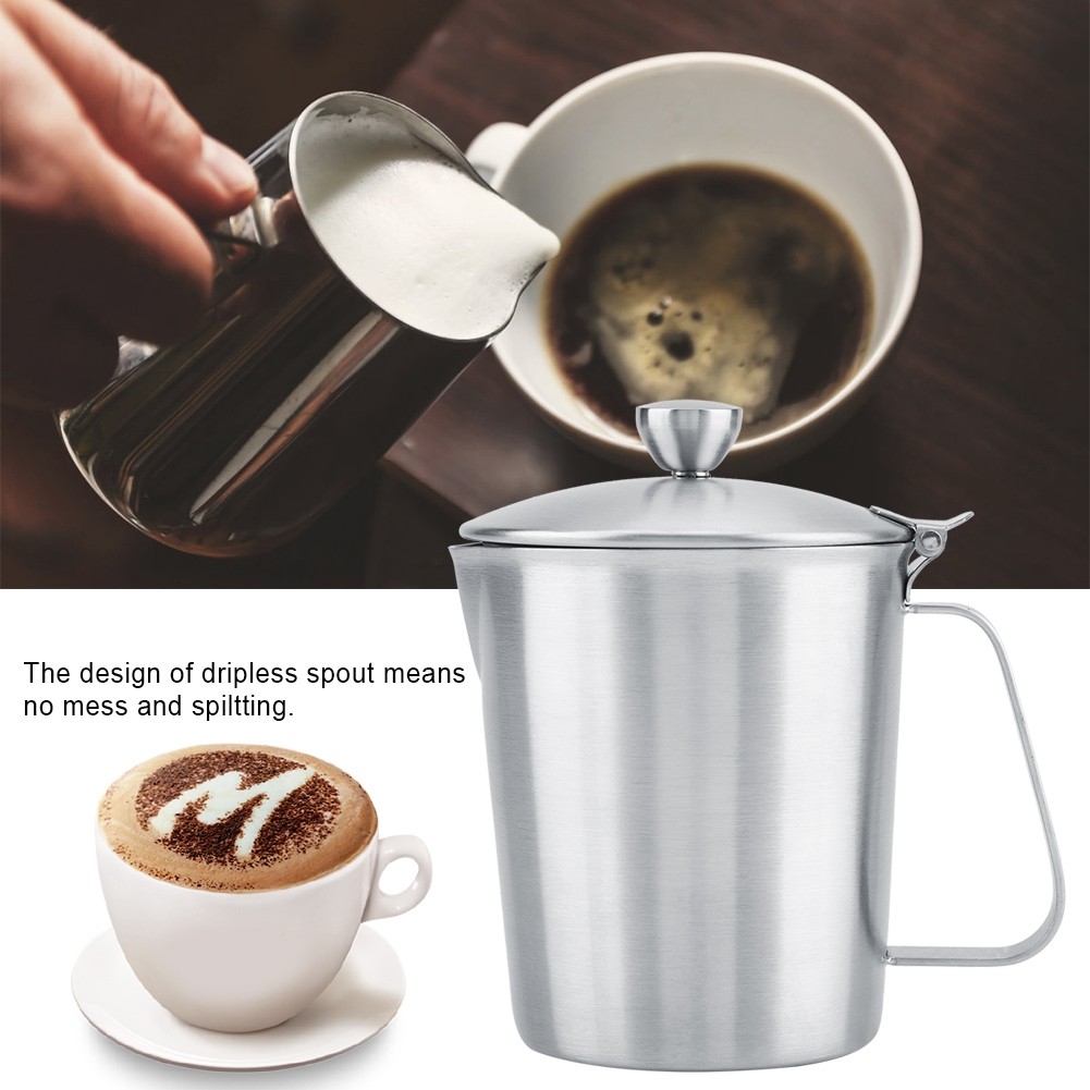 Stainless Steel Milk Frothing Pitcher Coffee Cup Mug With Cover & Measurement (5