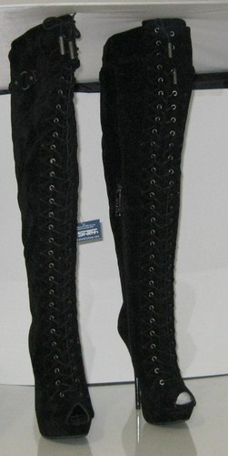 new Black 5.5"StilettoHeel peep Toe Lace Up Over Knee Boot WOMEN Size 6 - Picture 2 of 7