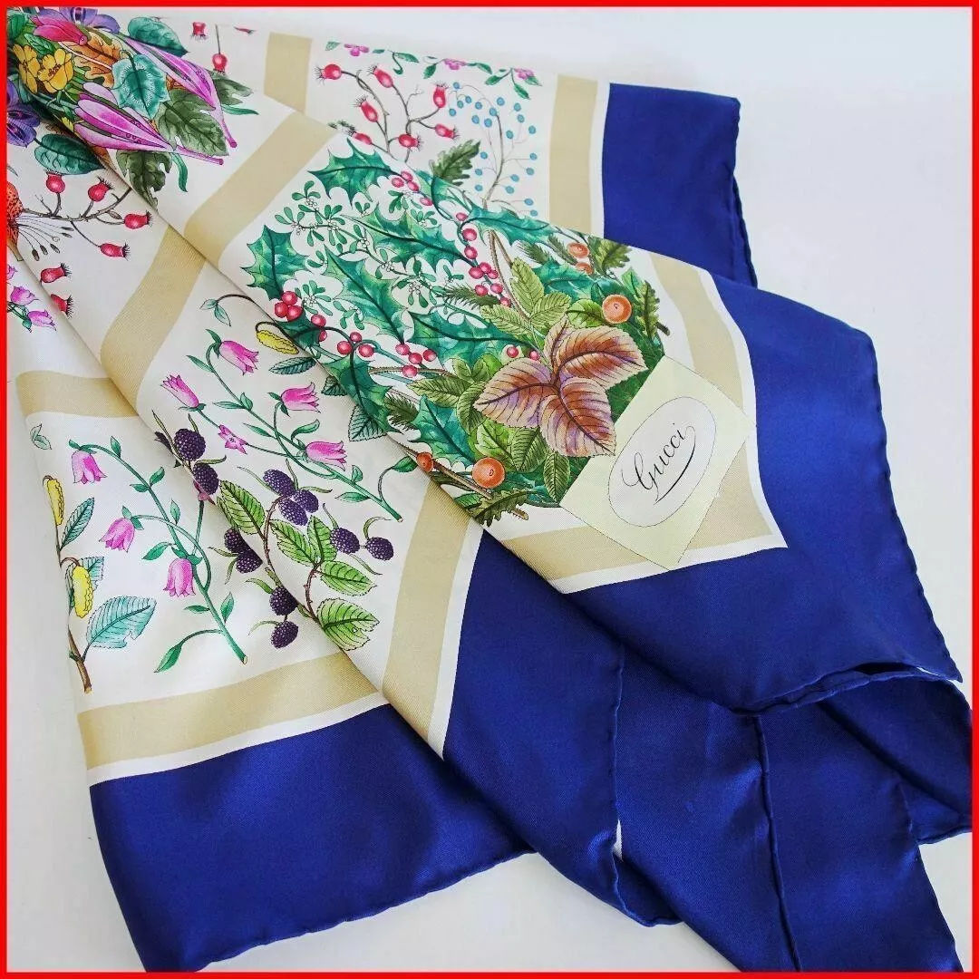 GUCCI Foulard Tissu Authentique Mode Grande Soie Floral Cursif Logo Étiquette