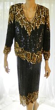 Vintage Scala 2 Piece Black and Gold Silk and Sequin Evening Dress Size S