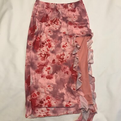 Shein Skirt Womens Large Red Pink Floral Print Ruffle Trim Mesh