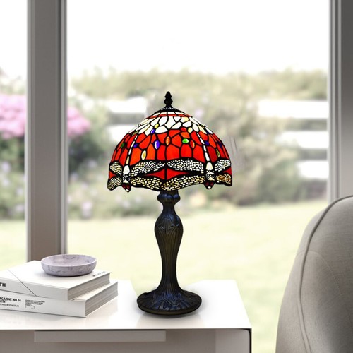 Tiffany Style Table Lamp Red Dragonfly 10 inch Stained Glass Shade Multicolor UK - Picture 4 of 15