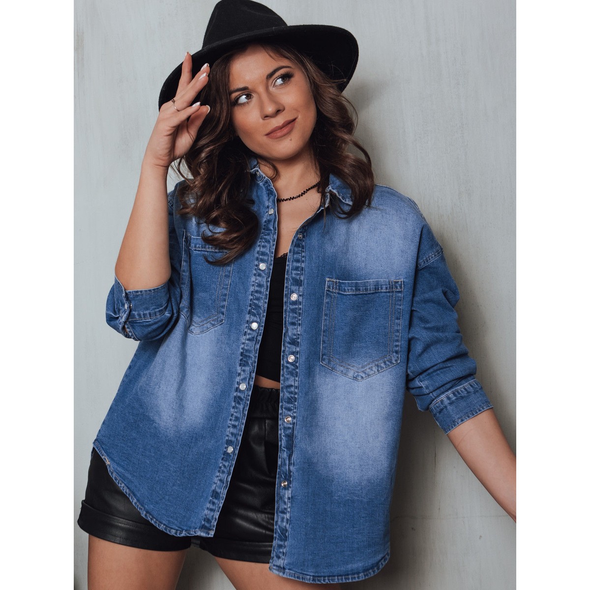 Damen Jeans Hemd Blau Freizeit Denim Leichte Jacke mit Taschen