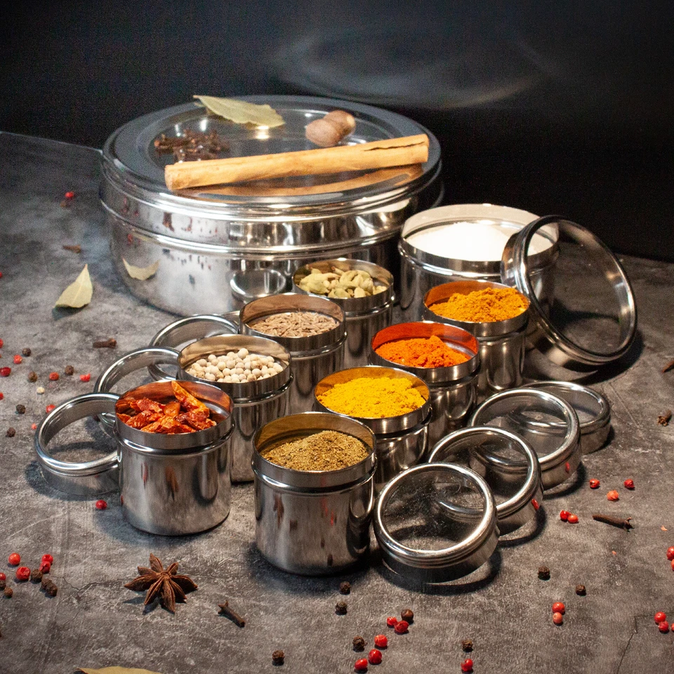 Authentic Indian Spice Tin Box Masala Dabba Stainless Steel 9PC Spices Herb Pots - Image 3 of 4
