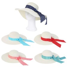 Princess Polka Dot Bow Natural Floppy Wide Brim Straw Beach Sun Hat -Diff Colors