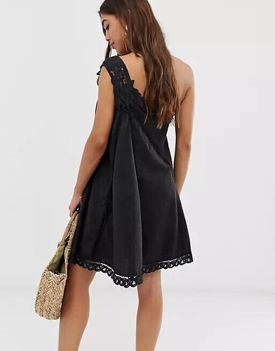 Mini Vestido Free People Billie Battenburg Un Hombro Talla S Negro PVP $128 - Imagen 3 de 7
