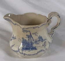 ATQ Ridgways Delft Blauw Pitcher Ewer Molen Windmill Sailboat Scroll