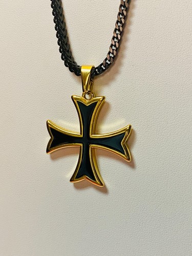 Black Enamel Maltese Cross Pendant Necklace with Gold Finish - Unique Statement - Picture 5 of 7
