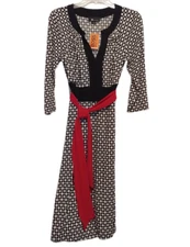 AB STUDIOS Black/White Round Neck Polyester, Long Sleeve Dress, Red Sash Belt.