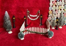 Christmas Village Set with Trees Fence Merry Christmas Sign & Lit Lamp Posts