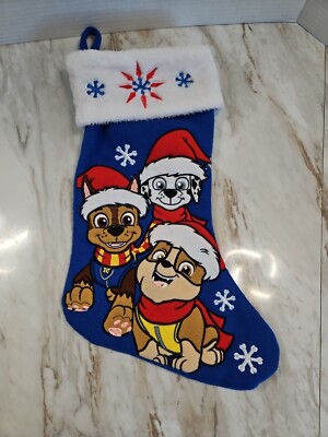 Paw Patrol Christmas Stocking Blue Fur & Felt Chase Rubble & Marshal 18''