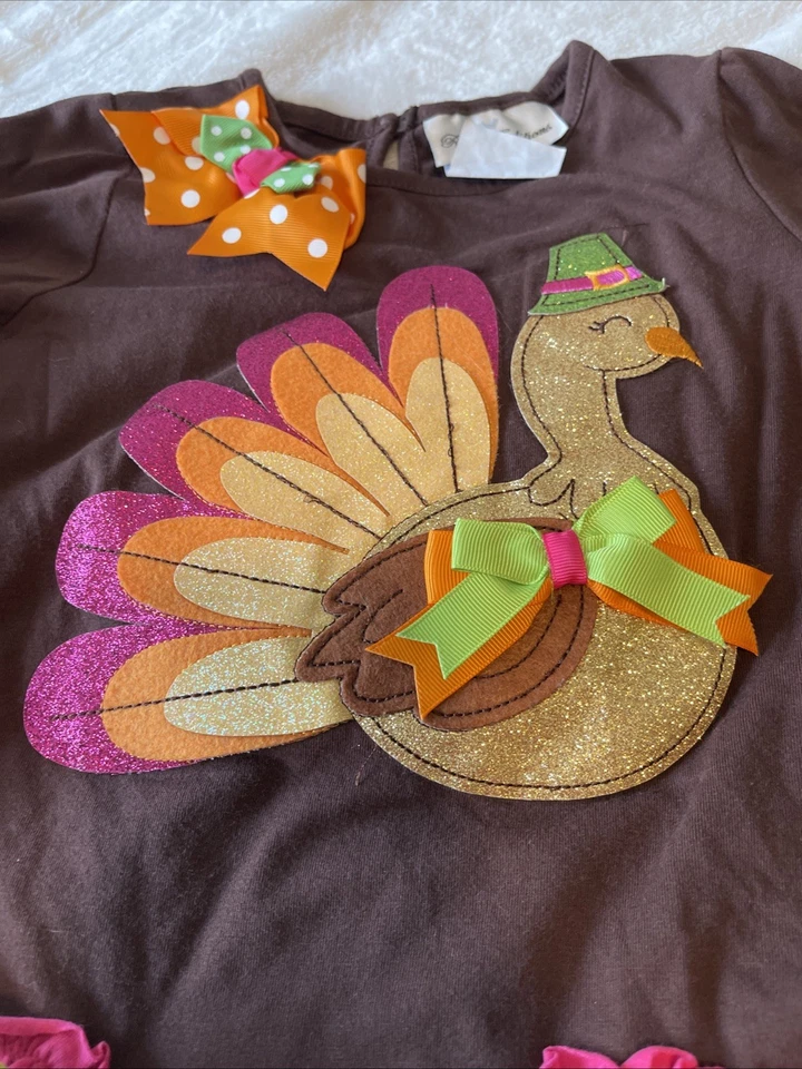 Rare Editions Embroidered Turkey Pant Set Girls Size 5 Fall Outfit Ruffles Lace - Image 2 of 4