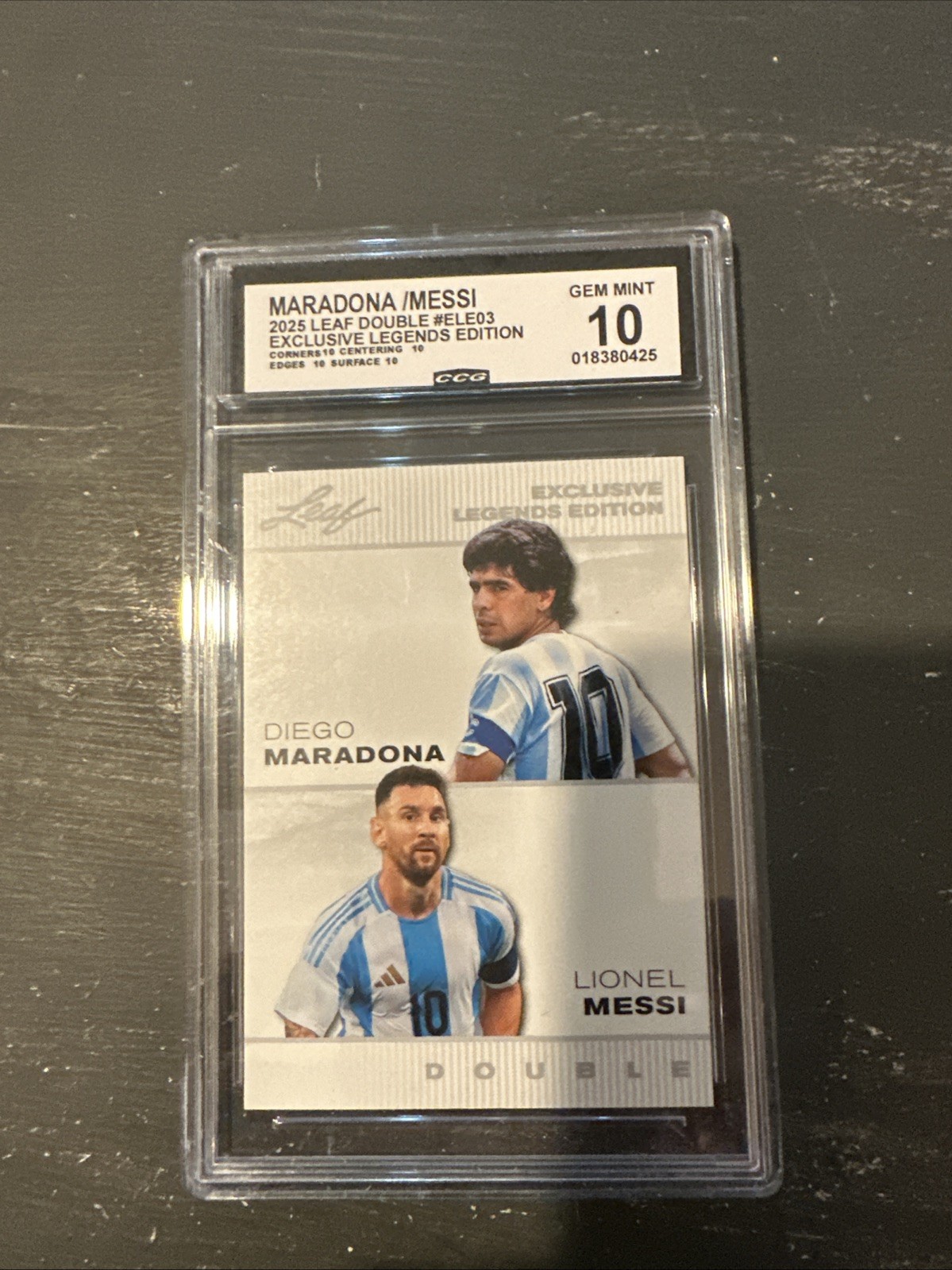 2025 Leaf Double Exclusive Legends Lionel Messi/Diego Maradona #ELE-03 CCG 10GEM view 1