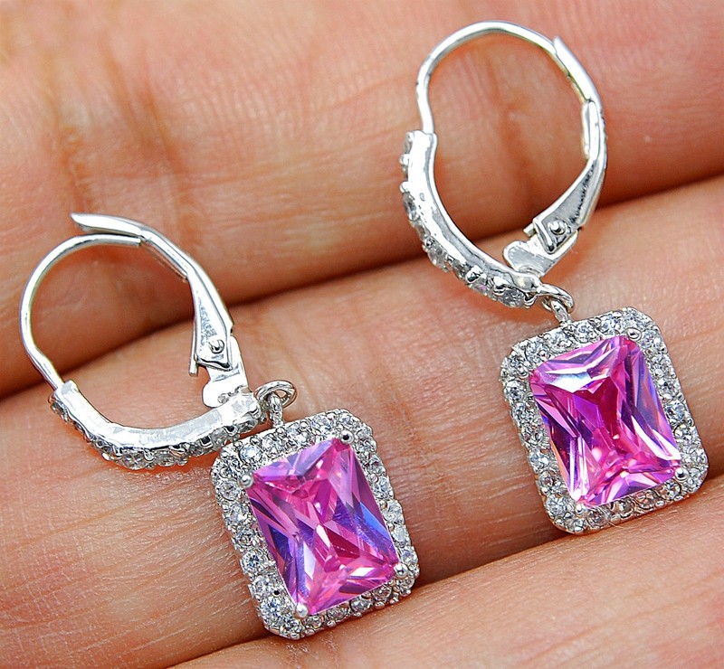 4CT Heat Treated Pink Topaz 925 Solid Sterling Silver Earrings Jewelry PC8
