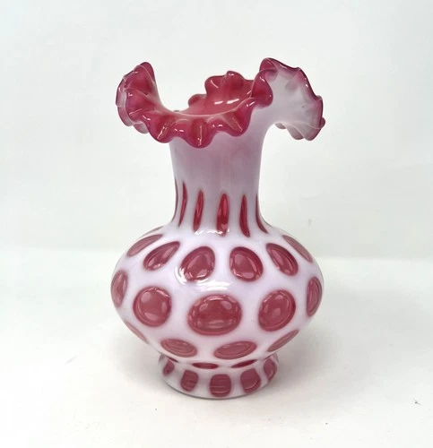 Vintage Fenton Cranberry Coin Dot Ruffle Edge Vase