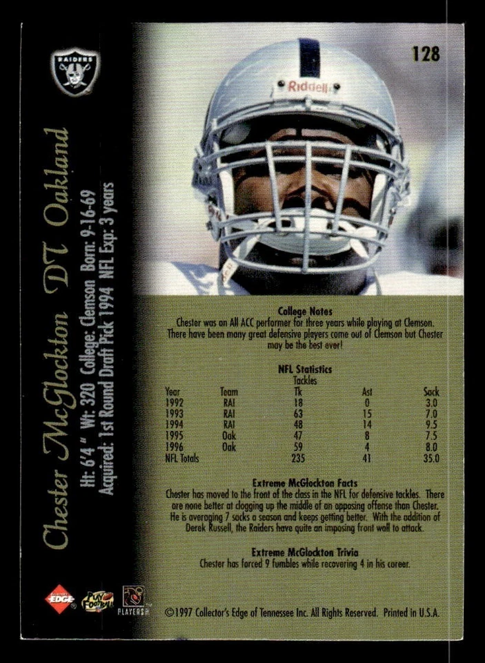 1997 Collectors Edge Extreme Football #128 Chester McGlockton Signed (no COA) - Image 2 of 2