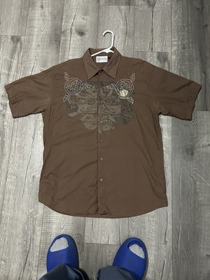 VTG 90s Gianni Versace Couture Brown Chain Stitch Short SleeveButton Up Shirt XL