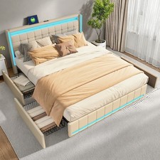Doppelbett Polsterbett 180x200 cm mit：4 Schubladen mit LED&USB Stauraumbetten