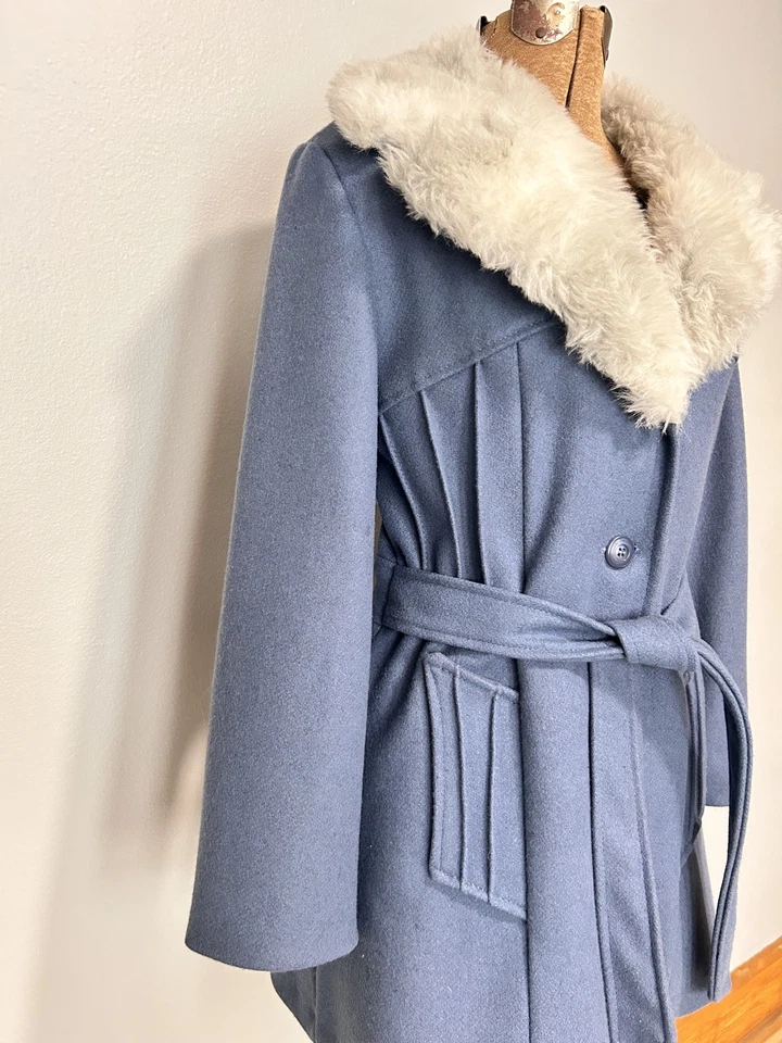 Chaqueta Abrigo Vintage Estilo Penny Lane Imitación Piel Azul Cinturón Talla Pequeña Hecha en Unión Foto 4 de 4