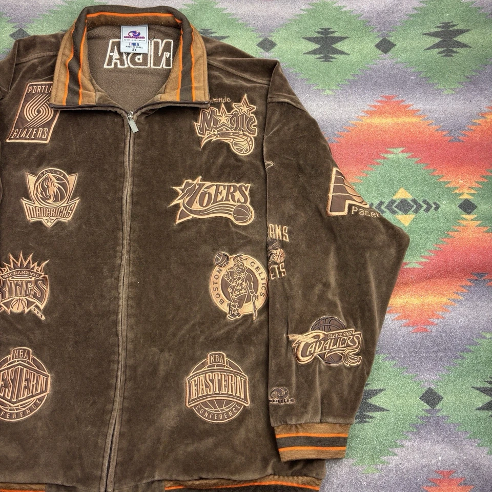 Vintage 90s NBA Velour Warm Up Jacket Mens 3XL Brown Embroidered Patch Hip Hop - Image 4 of 4